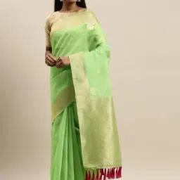 Vastranand Green Woven Saree With Unstitched Blouse-image-1