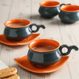 Unravel India Grey & Orange Ceramic Tea Sets-32