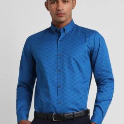 Peter England Blue Cotton Slim Fit Printed Shirt-picture-0