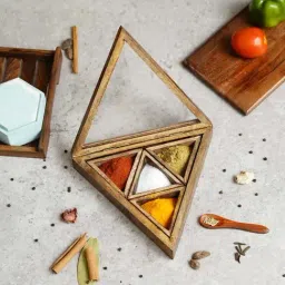 eCraftIndia Brown Wooden 4-in-1 Compartment Spice Box-12