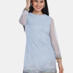 Zink London Light Blue Printed A-Line Dress-image-70