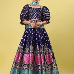 PURVAJA Navy Floral Print Stitched Lehenga & Unstitched Blouse With Dupatta-picture-12
