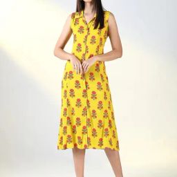 Showoff Yellow Cotton Blend Regular Fit Floral Dress-picture-24