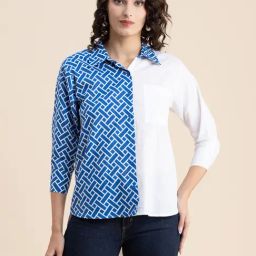 Moomaya Blue & White Cotton Printed Shirt-image-1