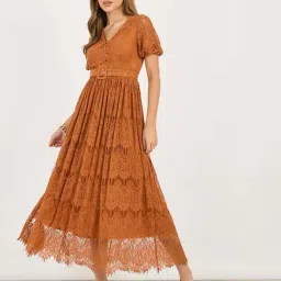 Styli Brown Plain A-Line Dress-image-24