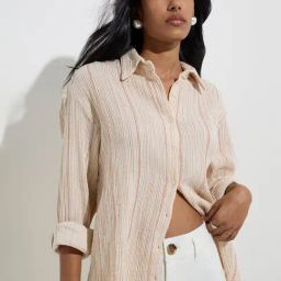 LOV by Westside Beige Stripe Printed Cotton-Blend Shirt-image-77