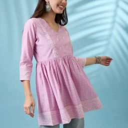 Globus Women Pink Ethnic Print V-Neck Sequinned Detail Gathered Tunic-33