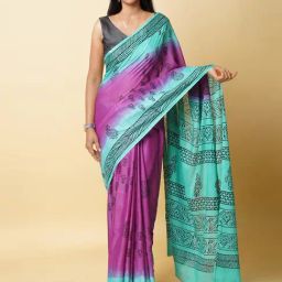 Unnati Silks Purple & Blue Cotton Printed Saree With Unstitched Blouse-image-53