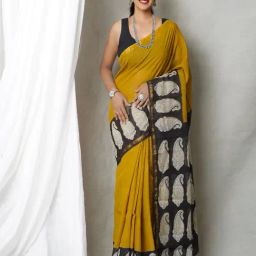 Unnati Silks Mustard & Black Printed Saree With Unstitched Blouse-picture-35
