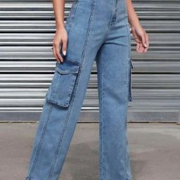 Miss Chase Blue Wide Leg High Rise Clean Look Regular Length Stretchable Patch Pocketed Denim Jeans-image-54