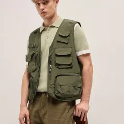 The Bear House Olive Nylon Regular Fit Solid Casual Jacket-image-24
