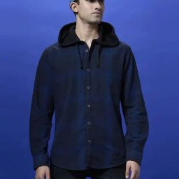Pepe Jeans Navy Cotton Regular Fit Checks Hooded Shirt-image-81