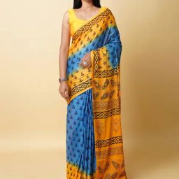 Unnati Silks Blue & Mustard Cotton Printed Saree With Unstitched Blouse-picture-15