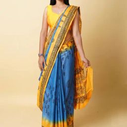 Unnati Silks Blue & Mustard Cotton Printed Saree With Unstitched Blouse-picture-16