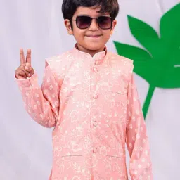 VASTRAMAY Boys Peach Cotton Printed Indowestern-image-67