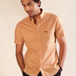 ANDAMEN Beige Slim Fit Textured Cotton Shirt-25