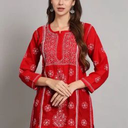 PARAMOUNT CHIKAN Red Cotton Hand Embroidered Chikankari Straight Kurti-picture-40
