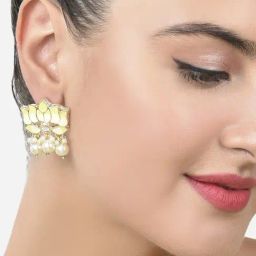 Zaveri Pearls Yellow Meenakari Lotus Design Green Beads Drop Earring-ZPFK15392-image-84