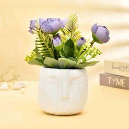 Tayhaa White & Purple Ceramic Artificial Flowers With Modern Planter-69