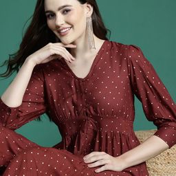 Sangria Printed Puff Sleeve Fit & Flare Midi Dress-picture-35
