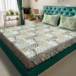 KLOTTHE Multicoloured Geometric 400 TC King Bedsheet with 2 Pillow Covers-25