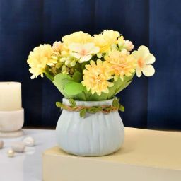 Tayhaa Blue & Yellow Ceramic Planter With Artificial Flowers-25