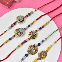 MEIRA JEWELLERY Set Of 5 Stones Studded & Beaded Peacock Shaped Rakhis With Roli Chawal-27