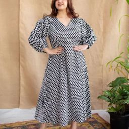 The Indian Ethnic Co Black A-Line Hand Block Print Cotton Dress with V Neck & Full Sleeves-1