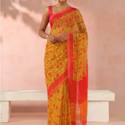 Taneira Yellow Floral Print Saree With Unstitched Blouse-picture-44