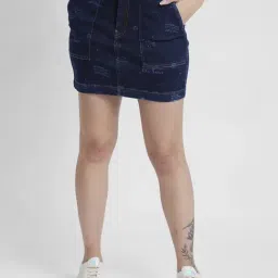 Spykar Dark Blue Above Knee Skirt-image-34