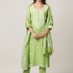 Jaipur Kurti Women Floral Embroidered Regular Thread Work Kurta with Trousers & With Dupatta-picture-2