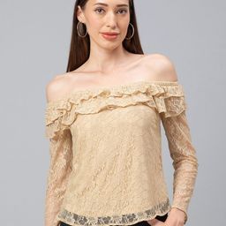 Globus Beige Off-Shoulder Ruffles Net Bardot Top-picture-4