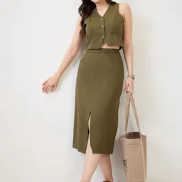 Globus V-Neck Solid Cropped Waistcoat With Front Slit Midi Skirt Workwear Co-Ord Set-image-80