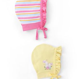 Babyhug 100% Cotton Knit Tie Knot Caps Striped And Rabbit Printed Pack of 2 Pink Yellow- Diameter 13 cm-image-1