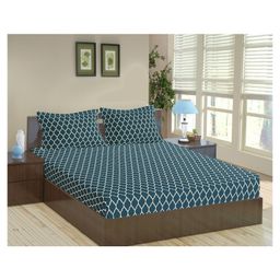 Trance Home Linen Pure Cotton King Size Fitted Bedsheet with Pillow Covers - Blue-image-91