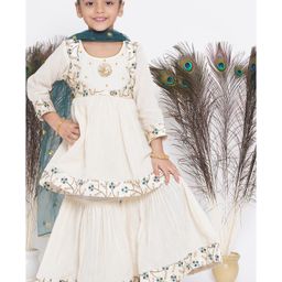 Little Bansi Three Fourth Sleeves Embroidered Kurta Sharara With Dupatta - Cream Green-image-53