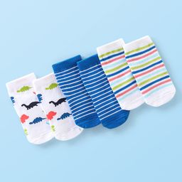 Cute Walk By Babyhug Anti Bacterial Ankle Length Socks Striped & Dino Design Pack Of 3 - Blue & White-image-55