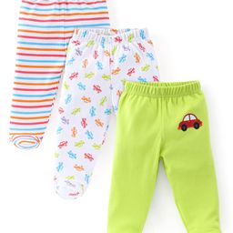 Babyhug Cotton Full Length Bootie Leggings Car Print Pack of 3 - Green White & Red-image-29