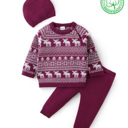 Babyhug Knitted Full Sleeves Christmas Designed  Sweater & Pant Set with Cap  - Purple-image-21
