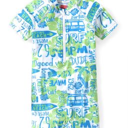Babyhug Half Raglan Sleeves  Water Repellent Two Way Stretch Legged Swimsuit Floral & Text Print - White & Green-picture-13