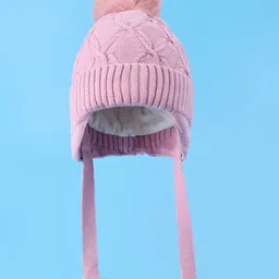Pine Kids Woollen Cap With Knot With Cable Knit Design & Pom Pom Applique Pink - Diameter 17 cm-picture-21