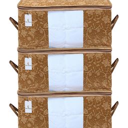 Kuber Industries Underbed Rectangular Non Woven Storage BagStorage OrganiserBlanket Cover Set of 3 Beige, Non-Woven-2