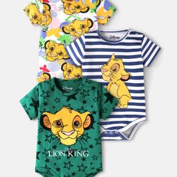 Babyhug Disney Interlock Knit Half Sleeves Striped & The Lion King Printed Onesies Pack of 3 - Green & White-image-57