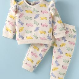 ToffyHouse Cotton Knit Full Sleeves Winter Wear Frill Detailing Animal Printed Top & Joggers Set - White & Pink-image-26