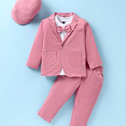 Robo Fry Lycra Knit  Solid Colour T-Shirt Trouser Set with Attached Bow Hat   & Blazer - Pink-image-39