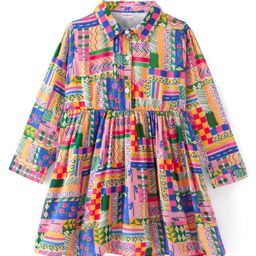 Babyhug Poplin Full Sleeves Knee Length Shirt Dress with Abstract Print - Multicolor-image-79