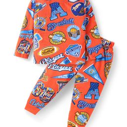 Babyhug Cotton Knit Full Sleeves Text Printed Night Suit - Orange-image-27
