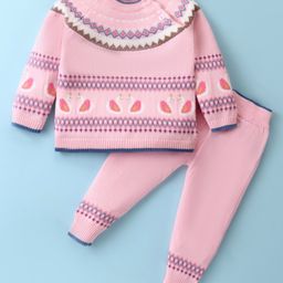 ToffyHouse Cotton Sweater Knit Full Sleeves Winter Wear Set With Chevron & Birds Print - Light Pink-image-96