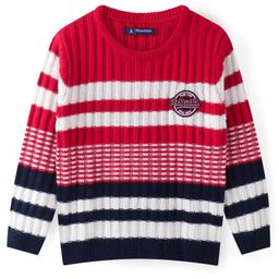 Pine Kids Knitted Full Sleeves Pullover Sweater with Stripes & Cable Knit Design - Red-picture-25