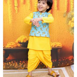 BownBee Pure Cotton Full Sleeves Solid Kurta & Dhoti With Birds Printed Jacket - Blue-image-55